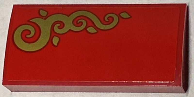 Lego Slope, Curved 2 x 4 x 2/3 with Bottom Tubes with Gold Scrollwork on Red Background Pattern Model Left Side (Sticker) - Set 40499 / Red