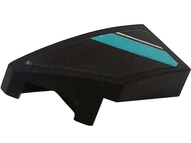 Lego Wedge 2 x 1 x 2/3 Left with Dark Turquoise Stripe and Silver Line Pattern (Sticker) - Set 76909 / Black