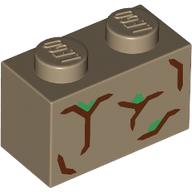 Lego Brick 1 x 2 with Dark Brown Bark, Green Leaves Print / Dark Tan