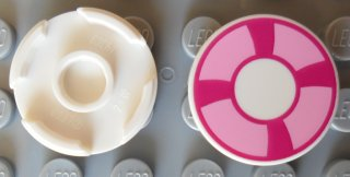 Lego Tile, Round 2 x 2 with Bottom Stud Holder with Magenta and Bright Pink Life Preserver, Curved Bands Pattern