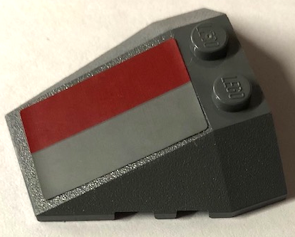 Lego Wedge 4 x 4 Triple with Stud Notches with Dark Bluish Gray and Dark Red Stripe Pattern (Sticker) - Set 10195 / Dark Bluish Gray