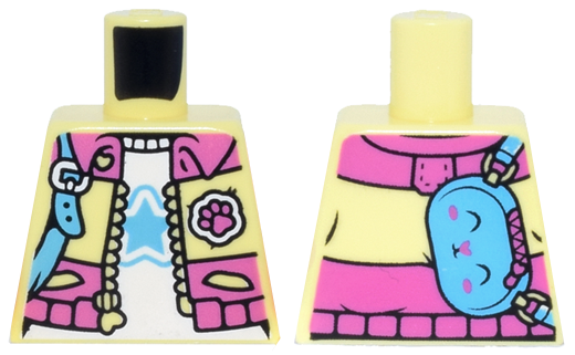 Lego Torso Jacket Open with Pockets, Heart Zipper and Dark Pink Collar, Waistband Panel and Paw Print Patch over White Shirt with Medium Blue Star, Bunny / Rabbit Shoulder Bag with Strap and Buckle Pattern / Bright Light Yellow