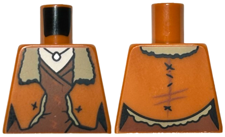Lego Torso Jacket Open with Dark Tan Fur Lining over Reddish Brown Layered Shirt, Silver Pendant Necklace, Light Nougat Neck Pattern / Dark Orange