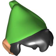 Lego Hair and Hat with Pointed Ears, Black Messy Hair, Bright Green Pointed Hat Print (Peter Pan) / Nougat