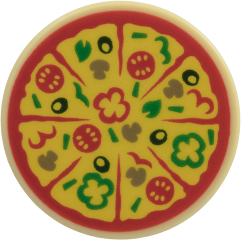 Lego Tile, Round 2 x 2 with Bottom Stud Holder with Sliced Pizza with Red Tomato Sauce and Tomatoes, Yellow Cheese, Green Bell Peppers and Basil Leaves, Dark Green Olives and Dark Tan Mushrooms Pattern / Tan