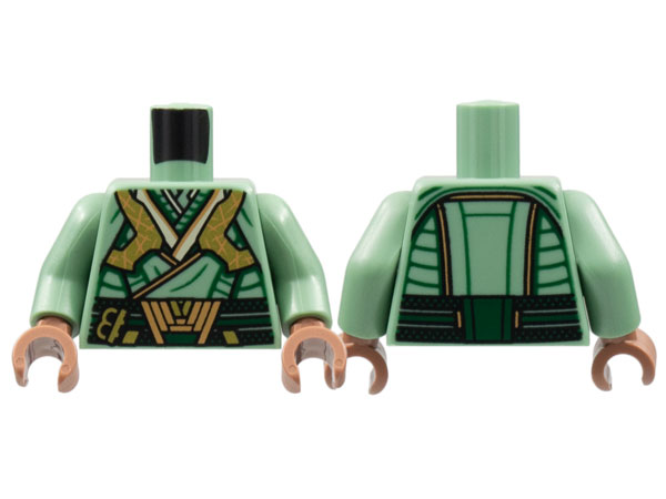 Lego Torso Tunic, Dark Green Lines and Belt, Gold Armor and Buckle, Dark Orange Trim Pattern / Sand Green Arms / Medium Brown Hands