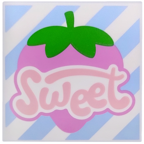 Lego Tile 4 x 4 with Warm Pink 'Sweet', Dark Pink and Green Strawberry, Bright Light Blue Diagonal Stripes Pattern / White