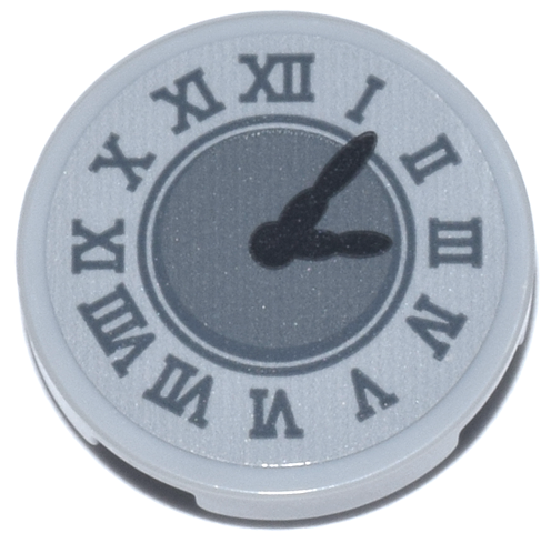 Lego Tile, Round 2 x 2 with Bottom Stud Holder with Clock Face with Black Hands and Dark Bluish Gray Roman Numerals Pattern (Sticker) - Set 76271 / Light Bluish Gray