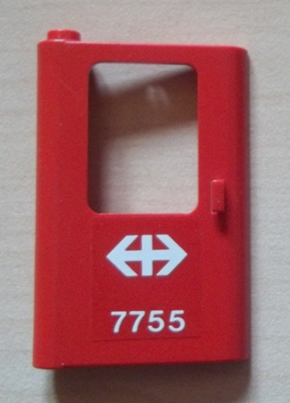 Lego Door 1 x 4 x 5 Train Left, Thin Support at Bottom with White Double Arrow (Swiss Federal Railways) and '7755' Pattern (Sticker) - Set 7755 / Red
