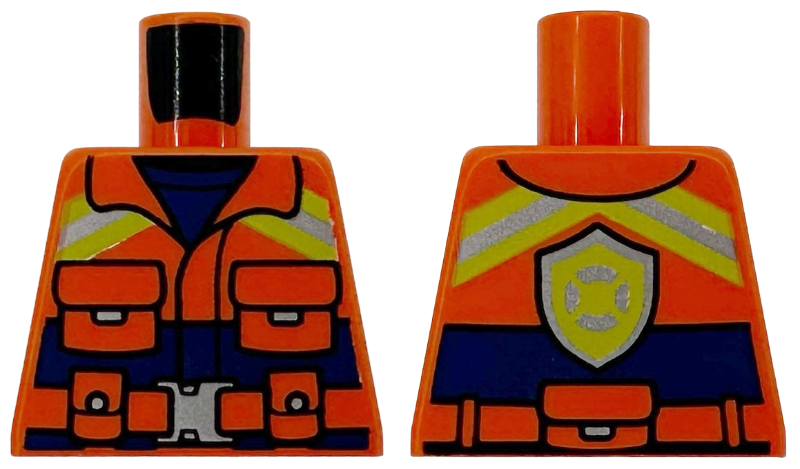 Lego Torso Jacket with Pockets, Dark Blue Panel, Lime and Silver Reflective Stripes, Belt with Buckle, Coast Guard Logo on Back Pattern / Reddish Orange