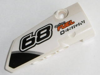 Lego Technic, Panel Fairing # 4 Small Smooth Long, Side B with Black '68' and 'action FUEL DESIGN' Pattern (Sticker) - Set 42045 / White
