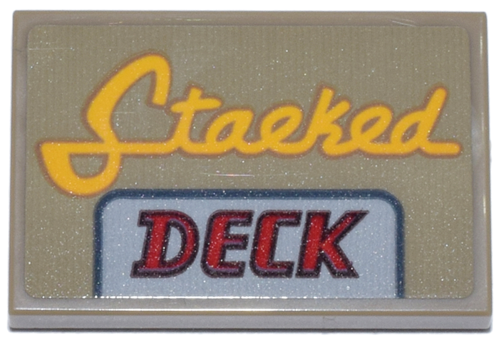 Lego Tile 2 x 3 with Bright Light Orange Script 'Stacked' and Red 'DECK' with Black Outline Pattern (Sticker) - Set 76271 / Dark Tan