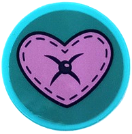 Lego Tile, Round 2 x 2 with Bottom Stud Holder with Cushion with Medium Lavender Heart, Dark Blue Button and Stitching on Dark Turquoise Background Pattern (Sticker) - Set 41683