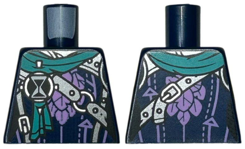 Lego Torso Robe with Medium Lavender Leaves, Arrows and Stitching, Dark Turquoise Scarf, Silver Armor Plates, Belt, Buckles and Hourglass Pattern / Dark Blue