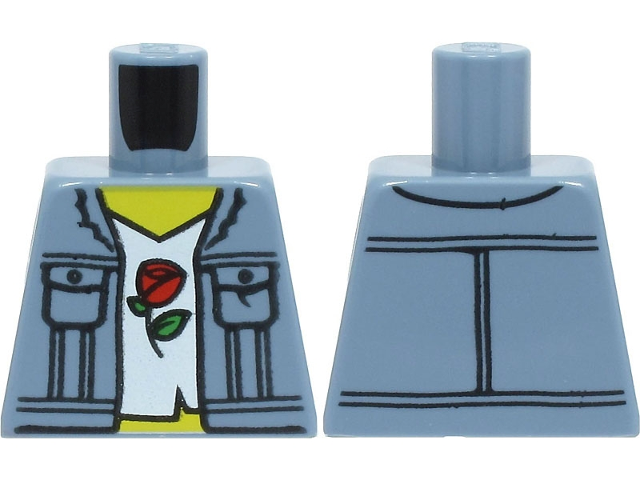 Lego Torso Denim Vest with Pockets, White Shirt, Red Rose Pattern / Sand Blue