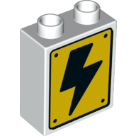 Lego Duplo Brick 1 x 2 x 2 with Bottom Tube and Hazard Sign, Black Lightning Bolt Print / White