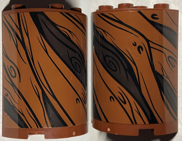 Lego Cylinder Half 2 x 4 x 4 with Black and Dark Brown Tree Bark Lines Pattern (Sticker) - Set 76407 / Reddish Brown