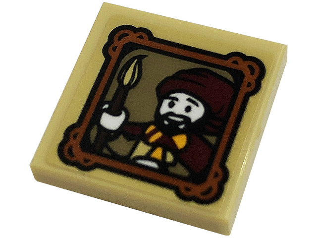 Lego Tile, Modified 2 x 2 Inverted with Minifigure with Paint Brush in Picture Frame Pattern (Sticker) - Set 76382 / Tan