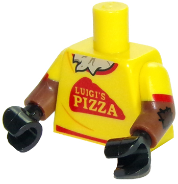 Lego Torso Red Trim and 'LUIGI'S PIZZA', Straw Chest Pattern / Reddish Brown Arms with Patches and Yellow Short Sleeves Pattern / Black Hands
