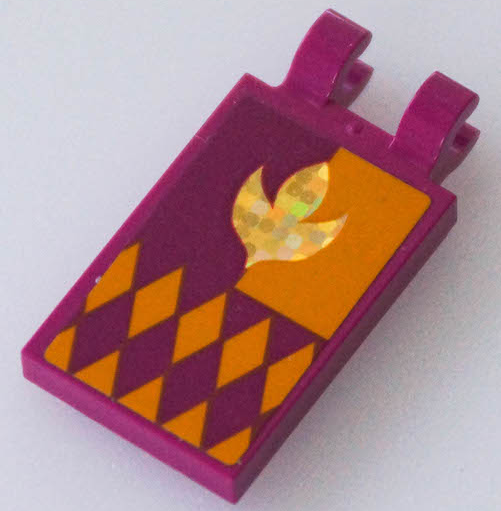 Lego Tile, Modified 2 x 3 with 2 Open O Clips with Flag with Holographic Arendelle Crest Flower and Bright Light Orange Diamonds Pattern (Sticker) - Set 41167 / Magenta