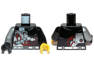 Lego Torso Ninjago with Red Wires and Mechanical Parts Pattern / Black Arm Left / Flat Silver Arm Right / Yellow Hand Left / Black Hand Right