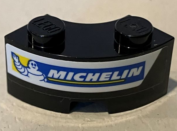 Lego Brick, Round Corner 2 x 2 Macaroni with Stud Notch and Reinforced Underside with Michelin Logo on White Stripe Pattern Model Right Side (Sticker) - Set 75881 / Black