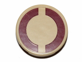 Lego Tile, Round 2 x 2 with Bottom Stud Holder with Dark Red SW Semicircles on Tan Background Pattern (Sticker) - Sets 75043 / 75051 / 75234