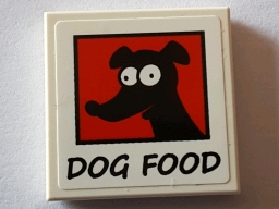 Lego Tile 2 x 2 with Black 'DOG FOOD' and Black Dog Image on Red Background Pattern (Sticker) - Set 71016 / White