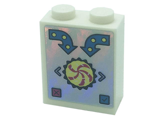Lego Brick 1 x 2 x 2 with Inside Stud Holder with Dark Azure Arrows, Cupcake, and Buttons on Iridescent Mirrored Background Pattern (Sticker) - Set 41366 / White