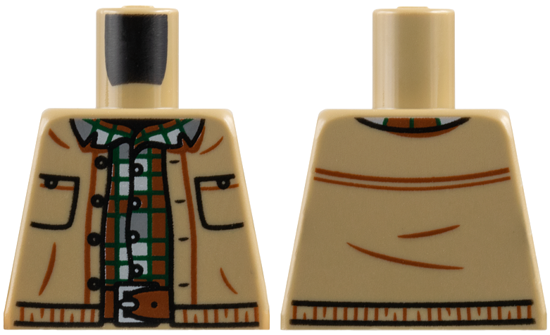 Lego Torso Vest Open with Pockets, Reddish Brown, Dark Bluish Gray, Light Bluish Gray and Dark Green Plaid Shirt, Belt with Silver Buckle Pattern / Dark Tan