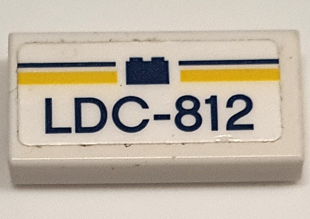 Lego Tile 1 x 2 with Dark Blue and Yellow Stripes, Brick and 'LDC-812' Pattern (Sticker) - Set 40468