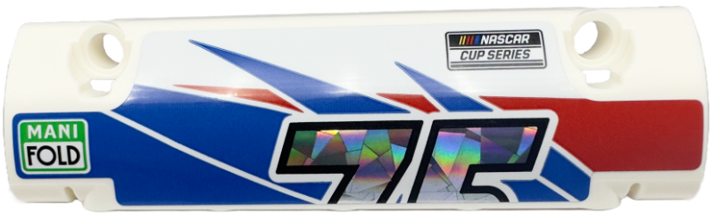 Lego Technic, Panel Curved 11 x 3 with 2 Pin Holes through Panel Surface with Partial Holographic Number 75 Top Half, 'NASCAR CUP SERIES' and 'MANI FOLD' on Blue and Red Stripes Pattern Model Right Side (Sticker) - Set 42153 / White
