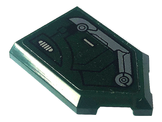 Lego Tile, Modified 2 x 3 Pentagonal with Black Lines and Dark Bluish Gray, Dark Green and Silver Armor Plates Pattern Model Right Side (Sticker) - Set 76195 / Dark Green