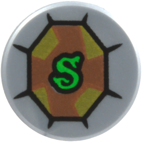 Lego Tile, Round 1 x 1 with Green Letter S Snake on Gold and Copper Jewel with Black Outlines Pattern (HP Slytherin's Locket) / Flat Silver