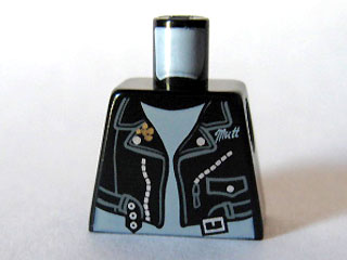 Lego Torso Leather Jacket Open with Pocket, Zippers, Strap with Silver Buckle, and Script 'Mutt' over Light Bluish Gray Shirt Pattern / Black