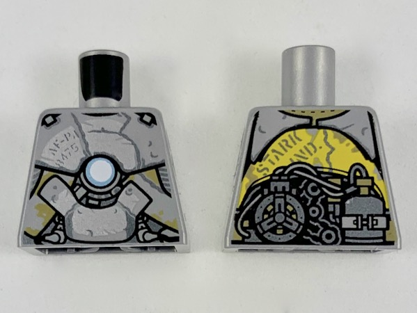 Lego Torso Clunky Asymmetrical Silver Armor, Metallic Light Blue Circle on Chest, Exposed Gear Pattern / Flat Silver