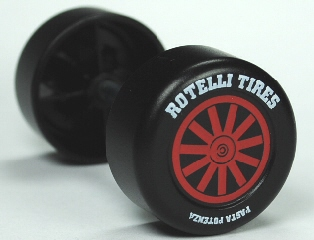 Lego Duplo Wheel Double Assembly with Metal Axle and Red Spokes, 'ROTELLI TIRES' and 'PASTA POTENZA' Pattern / Black