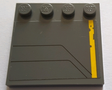 Lego Tile, Modified 4 x 4 with Studs on Edge with Worn Yellow Stripe and Black Lines Pattern Model Right Side (Sticker) - Set 75155 / Dark Bluish Gray