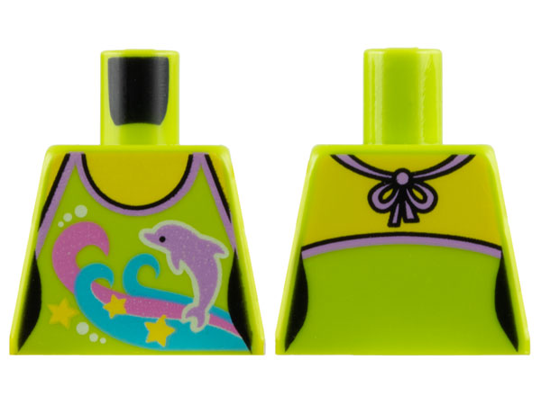 Lego Torso Female Halter Top with Stars, Dark Pink and Medium Azure Waves, Medium Lavender Dolphin, and White Dots, Yellow Neck and Shoulders Pattern / Lime