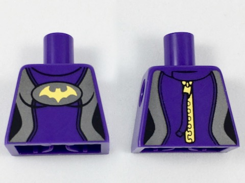 Lego Torso Female Wetsuit, Flat Silver Sides, Yellow Bat Pattern / Dark Purple