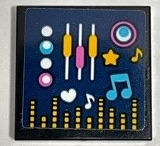 Lego Tile 2 x 2 with Medium Azure, Bright Light Orange and White Music Notes, Buttons and Equalizer Bars on Dark Blue Background Pattern (Sticker) - Set 41347 / Black