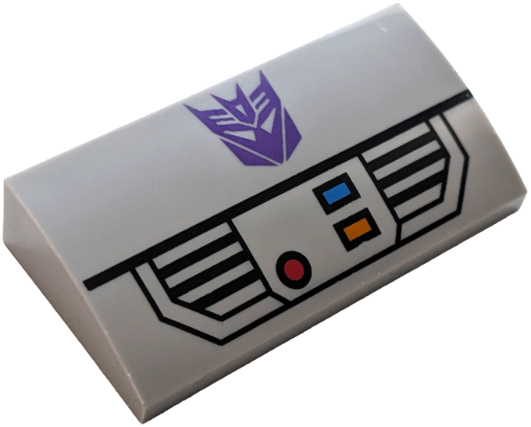 Lego Slope, Curved 2 x 4 x 2/3 with Bottom Tubes with Dark Purple Transformers Decepticon Logo and Black Control Panel with Red, Blue and Orange Buttons and Lights Pattern (BrickHeadz Megatron Robot Chest) / Light Bluish Gray