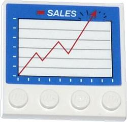 Lego Tile, Modified 4 x 4 with Studs on Edge with White 'SALES' and Graph on Blue Background Pattern (Sticker) - Set 70809 / White