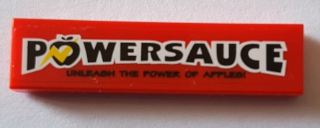Lego Tile 1 x 4 with 'POWERSAUCE' and 'UNLEASH THE POWER OF APPLES!' Pattern (Sticker) - Set 71016