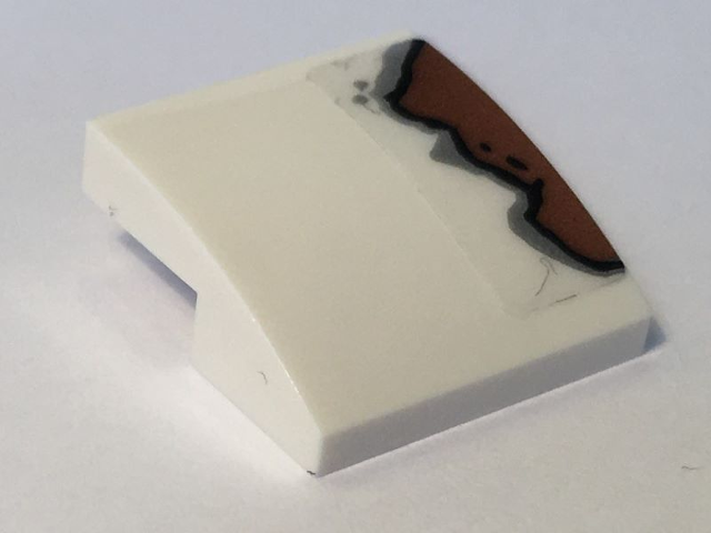 Lego Slope, Curved 2 x 2 x 2/3 with Rust Pattern on Right (Sticker) - Set 10274 / White