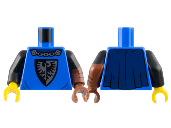 Lego Torso Castle Black Falcon with Silver Chain, Dark Blue Cape Pattern / Reddish Brown Arm Left with Black Short Sleeve and Chevrons Pattern / Black Arm Right / Reddish Brown Hand Left / Yellow Hand Right