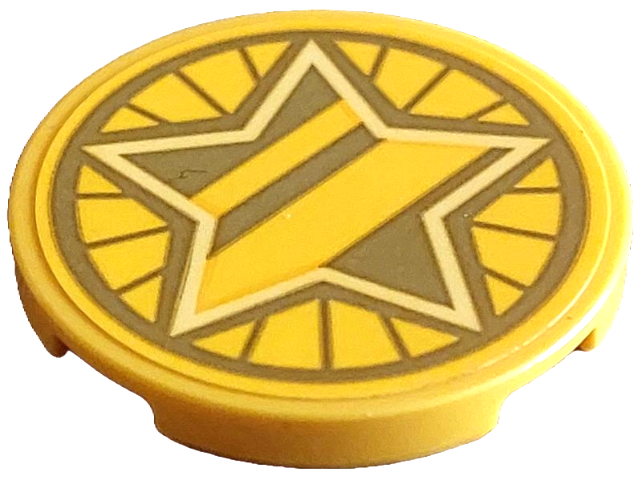 Lego Tile, Round 3 x 3 with Gold Dalmatian Dog Tag with Diagonal Stripes and Bright Light Yellow Star Pattern (Sticker) - Set 43269