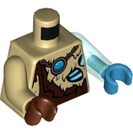 Lego Torso, Odd Arms and Hands, Fur with Ragged Brown Top and Blue Chi Print, Left Trans-Light Blue Arm and Dark Azure Hand, Right Tan Arm and Reddish Brown Hand / Tan