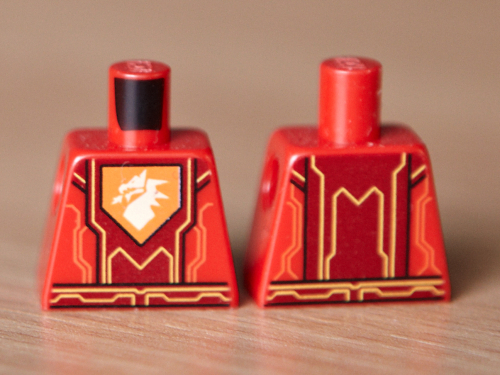 Lego Torso Nexo Knights Armor with Orange / Yellow Circuitry, Dark Red Center Panel, Dragon Head on Pentagonal Shield Pattern / Red