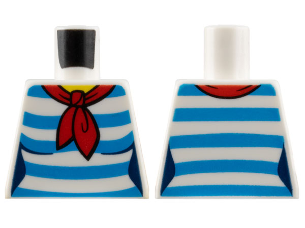 Lego Torso Female Shirt with Dark Azure Horizontal Stripes, Red Scarf, Yellow Neck Pattern / White